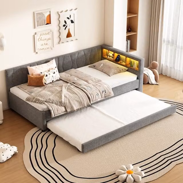 Letto singolo 90x200 cm con letto estraibile; rete a doghe; USB-C e luce LED; grigio