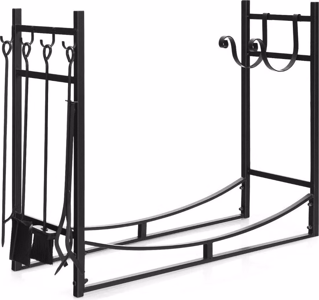Robusta rastrelliera per legna da ardere e set di attrezzi con supporti per legna e pala 91x33x76 cm nero