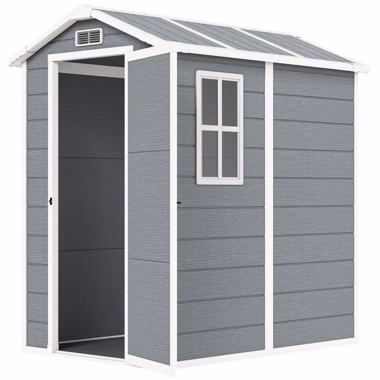 Casetta da giardino in plastica, con base e porta con serratura | Colore: Grigio | Dimensioni: 131x186x198 cm