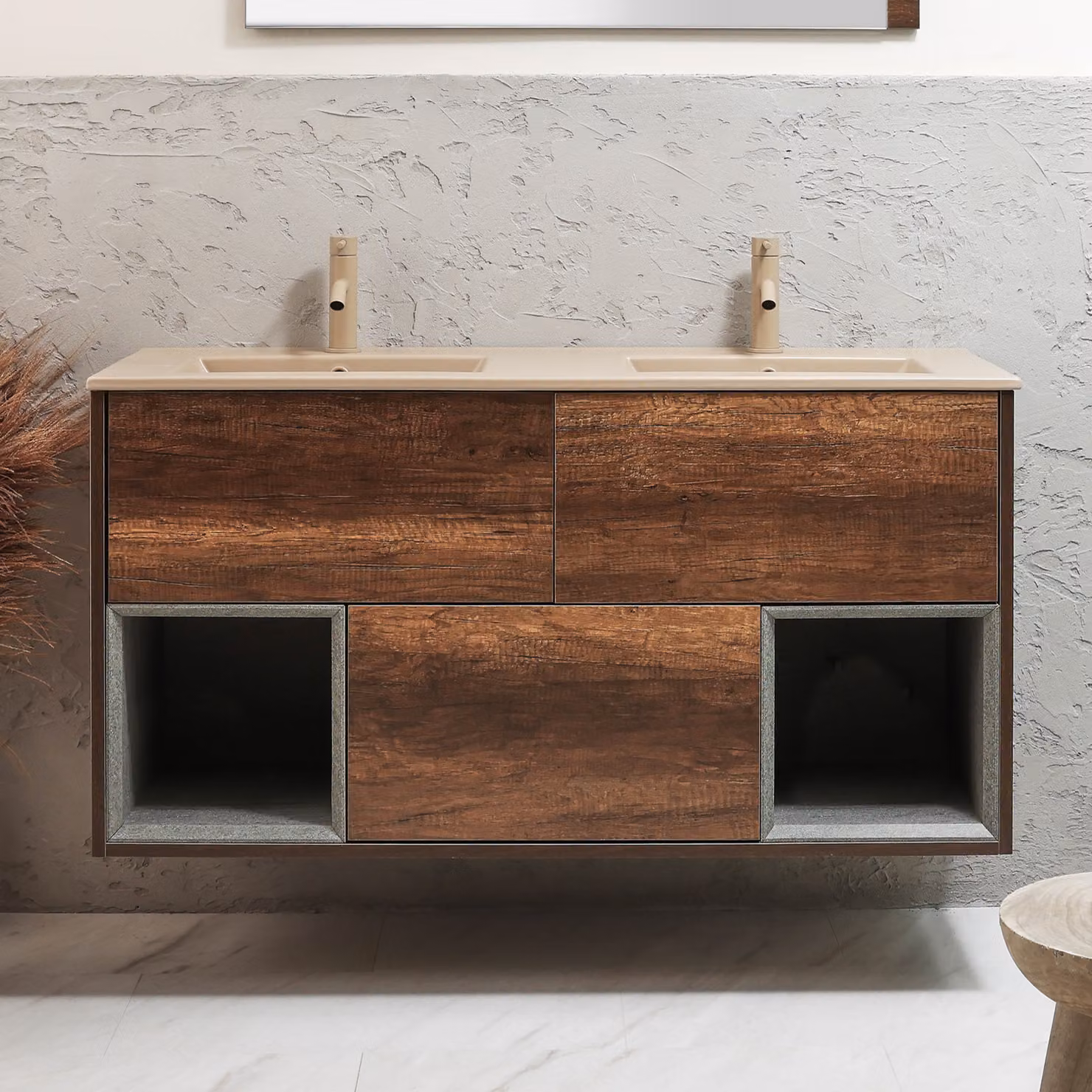Mobile Bagno Sospeso con Ripiano Aperto in Rovere Scuro da 1212mm con Lavabo Beige (Sand) - Hoxton