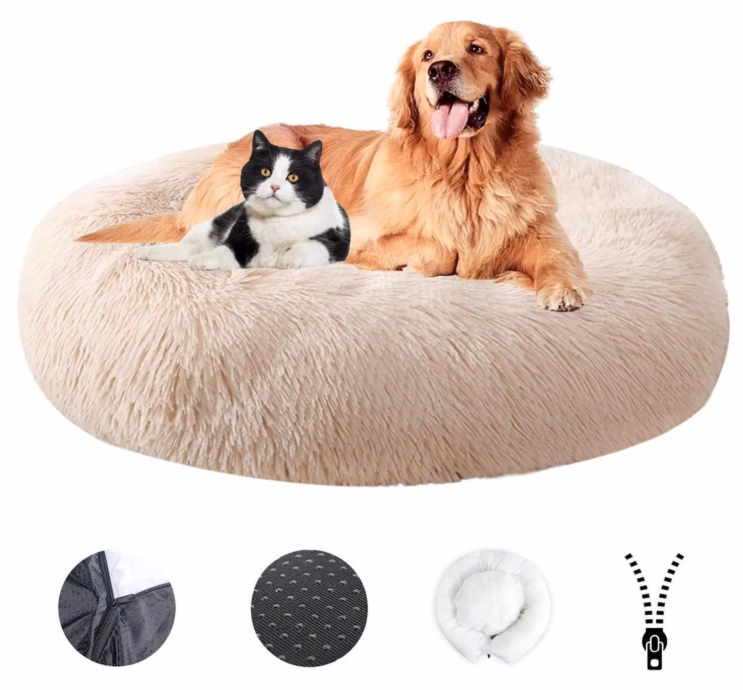 Cuccia per cani, morbida, lavabile, con rivestimento removibile e base antiscivolo, diametro 110 cm, color beige chiaro