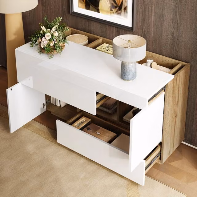 Credenza e madia moderna con illuminazione LED, 2 ante, 2 cassetti e vano aperto, bianca effetto legno, L/P/H: 120 x 37 x 76,5 cm