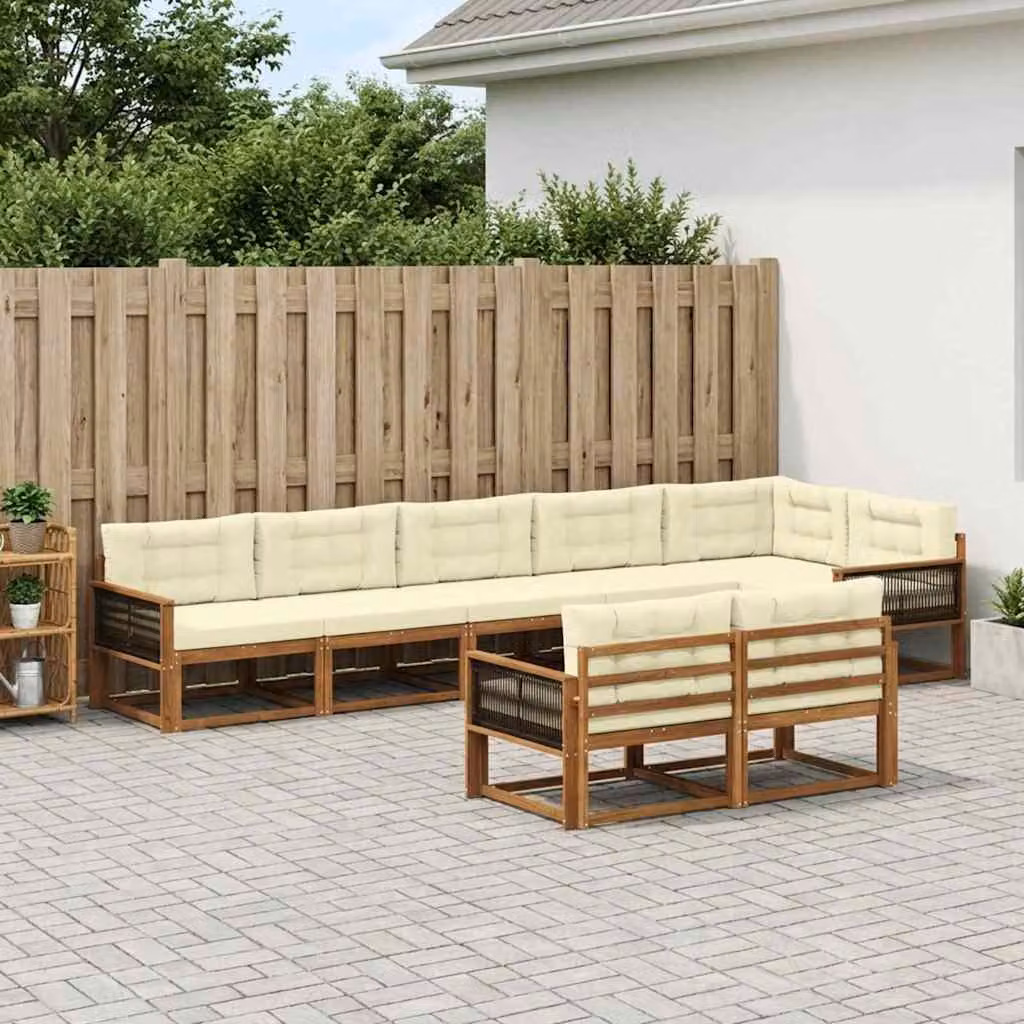 Set di divani da esterno vidaXL a forma di U composto da 8 pezzi in legno di acacia con cuscini beige e bianchi per giardino e terrazza