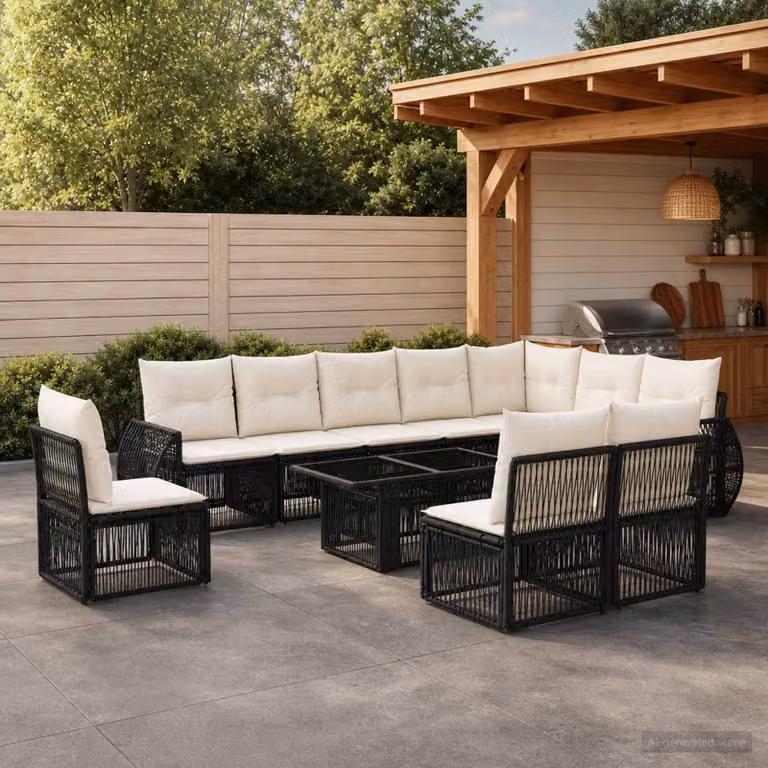 Set Divano da Giardino vidaXL 11 pz in Polyrattan Nero e Bianco con Cuscini e Tavolino da Esterno a Forma di U