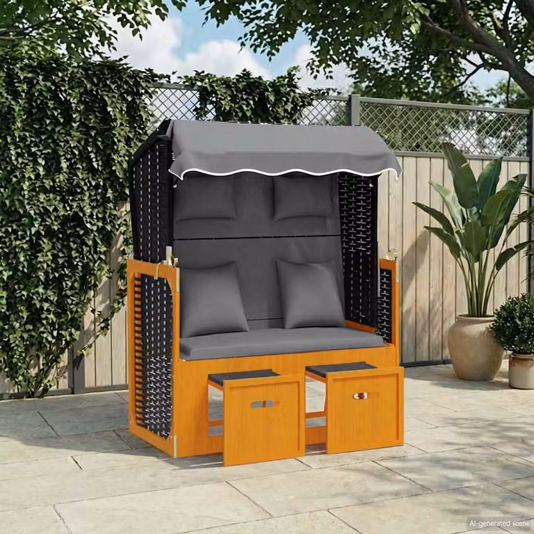 Sedia a sdraio con cuscino vidaXL in polyrattan e legno massello di abete, colori nero, antracite e grigio