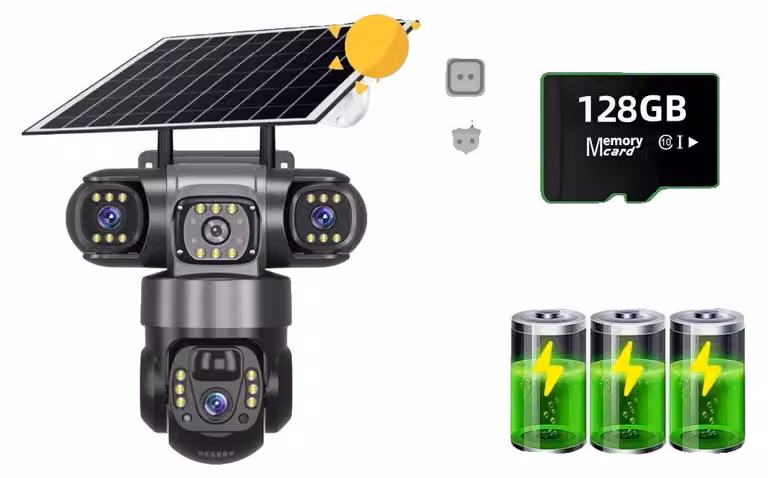 Telecamera di sicurezza esterna, con connettività 4G, design a triplo obiettivo, telecamera 4G + scheda di memoria