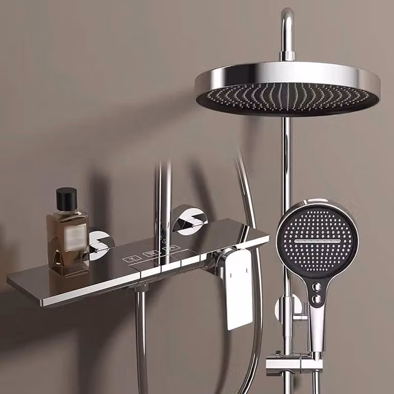 Sistema doccia a pioggia con miscelatore, regolabile in altezza, soffione da 32,5 cm, doccetta manuale con 4 getti, barra porta-doccia, tubo flessibile, cromato