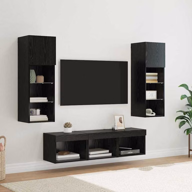 Unità TV a muro moderna vidaXL in legno e vetro, 5 pezzi, Rovere e Nero, L 60,0 cm x P 30,0 cm x H 30,0 cm