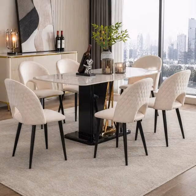 Set 6 sedie da pranzo ULEVR in velluto beige con schienale a rombi, struttura in metallo e piedini regolabili