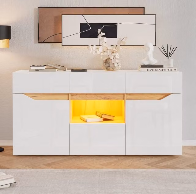 Credenza da soggiorno 140 cm con LED, 4 cassetti e 2 armadietti