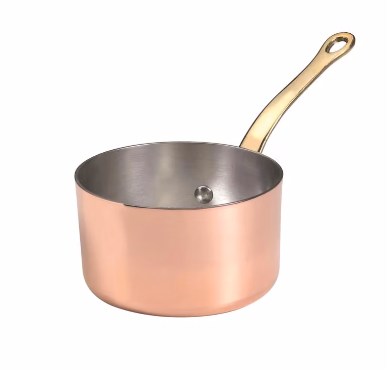 Casseruolino alto 1932 in rame con un manico in ottone, diam. 14cm