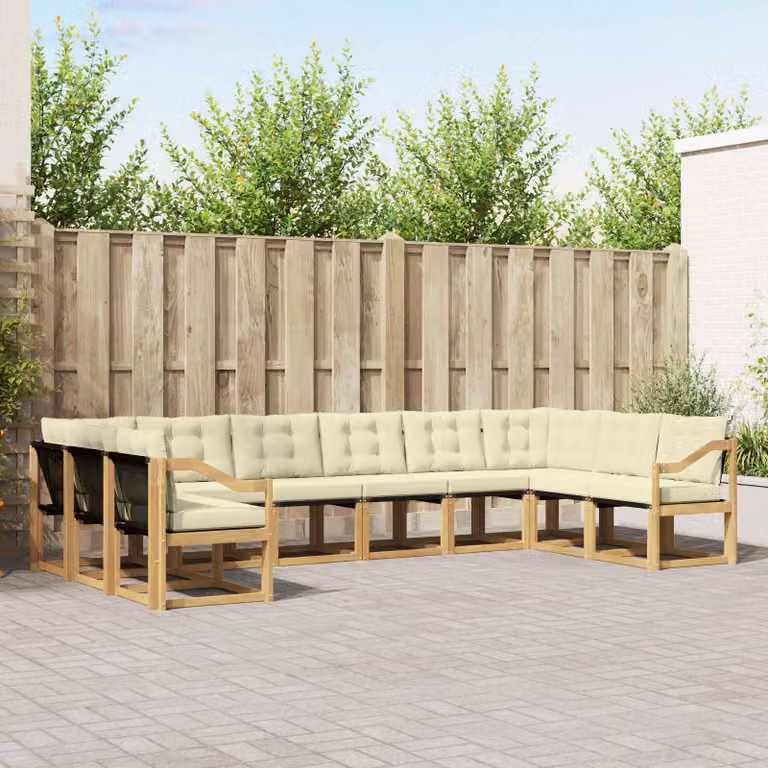 vidaXL Set di divani da esterno a forma di U composto da 10 pezzi in legno di acacia con cuscini bianchi e beige