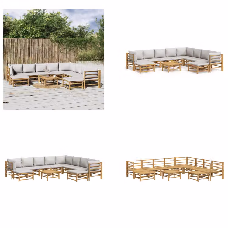 vidaXL Set da salotto da giardino 11 pezzi con cuscini grigio chiaro in bambù - Set da salotto da giardino - Set da salotto - Set da arredo da giardino