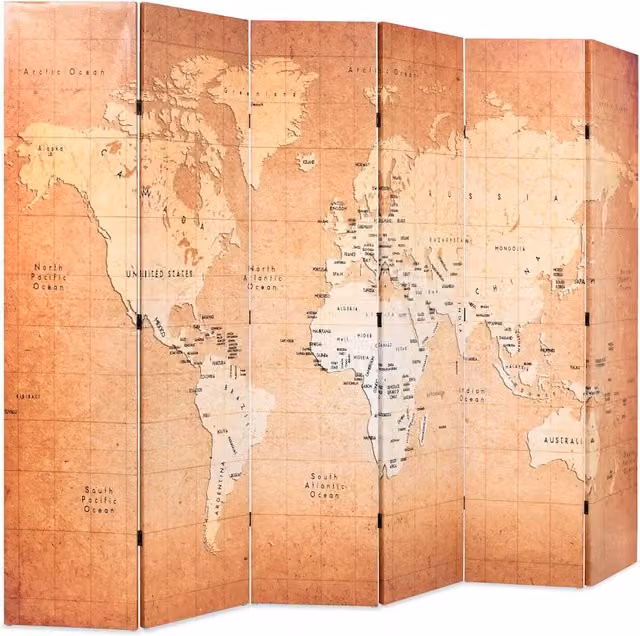 Paravento Pieghevole vidaXL con Stampa Mappa del Mondo Giallo L: 228 cm, H: 170 cm – 1