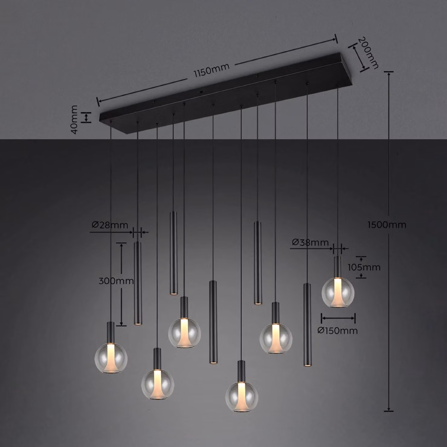 Trio Lighting Lampada a sospensione Melaro, dimmerabile, Nero, Soggiorno / Sala da pranzo, Metallo, Lampada a sospensione