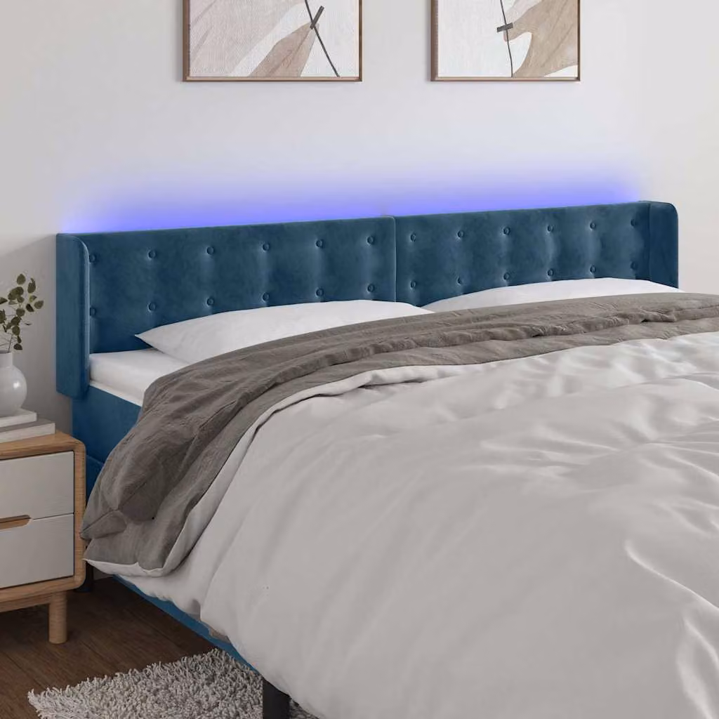 Testiera per letto vidaXL in velluto blu scuro con illuminazione LED e porta di ricarica USB, L 203 cm, P 16 cm, H 78-88 cm