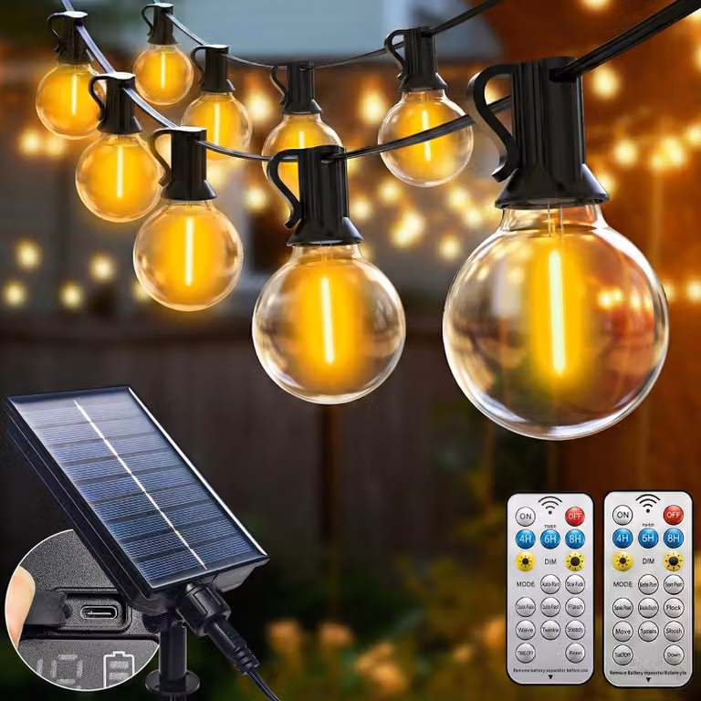 Catena luminosa solare da 20 metri, con lampadine LED G40, dimmerabile, confezione da 2 pezzi, con telecomando