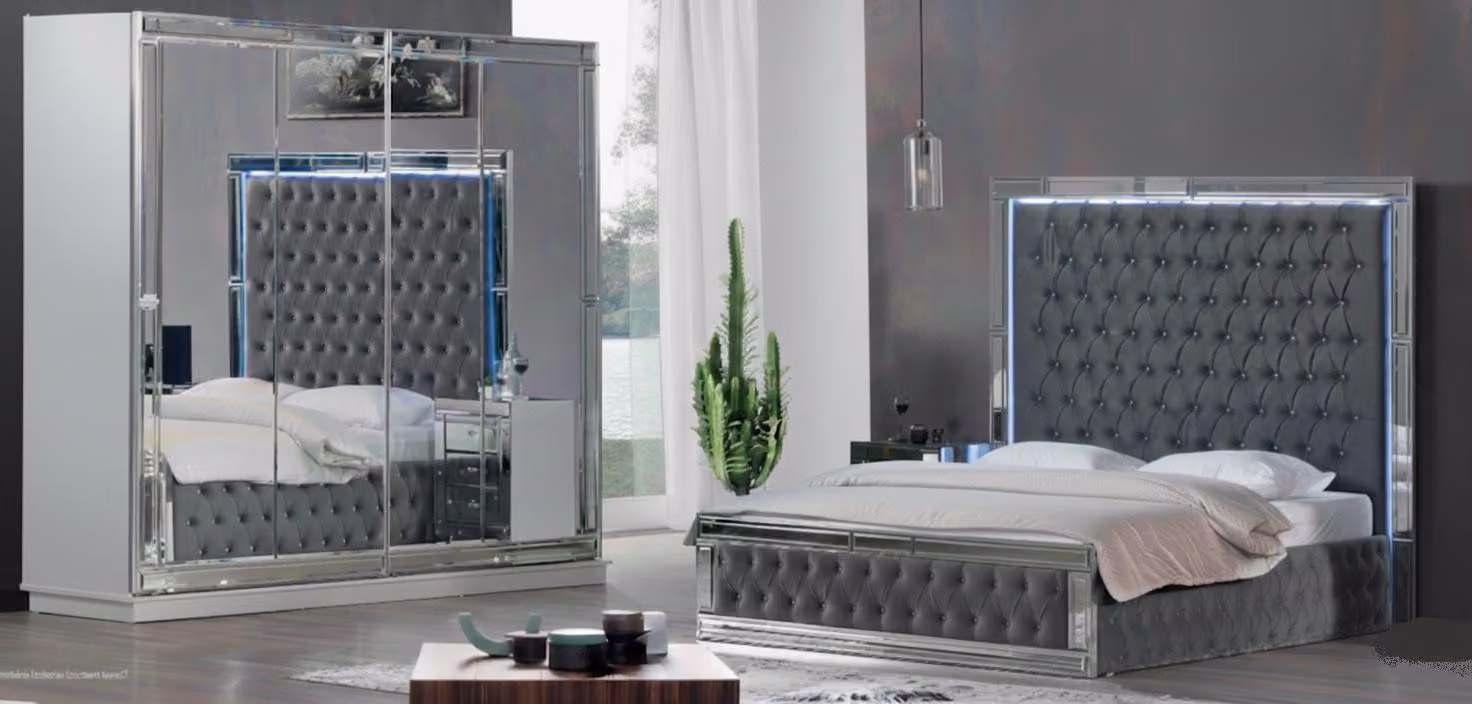 Set per camera da letto grigio: letto imbottito, armadio design, 2 pezzi