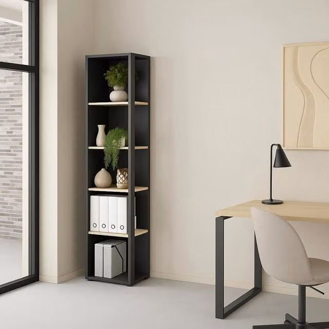Libreria Baaz DMORA, Scaffale Moderno per Ufficio e Soggiorno, Rovere, Grigio e Nero, L: 34,3 cm, P: 5,0 cm, H: 204,7 cm
