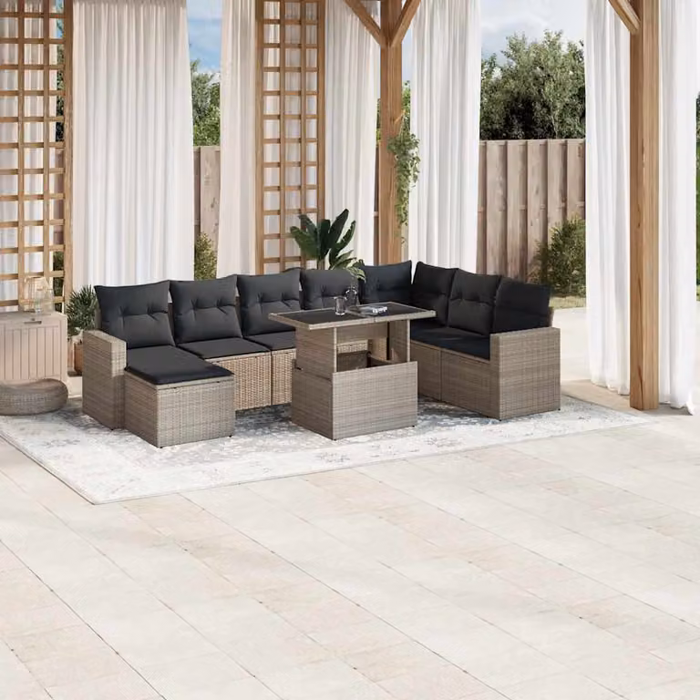 Set Divano da Giardino a L vidaXL 9pz con Cuscini Grigio Antracite e Tavolino in Vetro