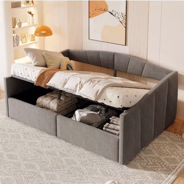 Letto divano imbottito 140x200 cm con contenitore idraulico, rete a doghe e braccioli, tessuto vellutato grigio con righe classiche