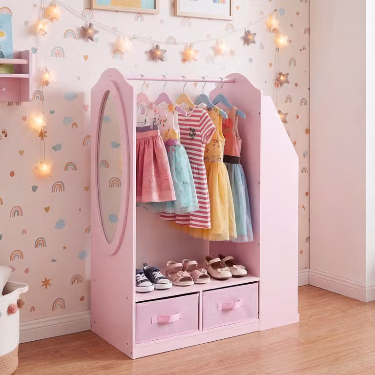 Costway Guardaroba per bambini con specchio acrilico scomparto aperto, Armadio per bambini con 4 cassetti in tessuto pieghevoli Rosa