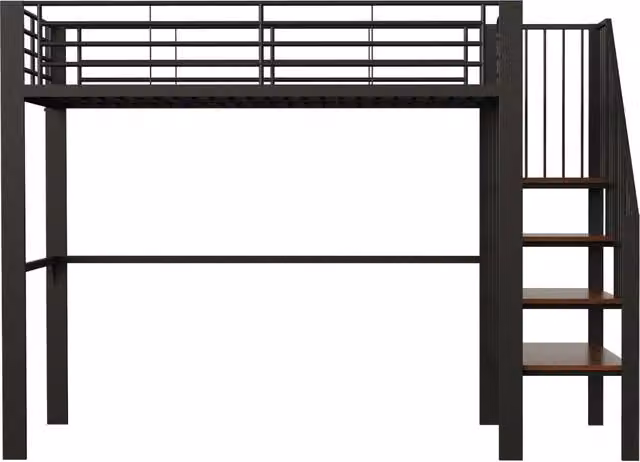 Letto a soppalco 140x200 cm in metallo con ampia zona contenitiva e scala integrata, adatto a bambini e adulti