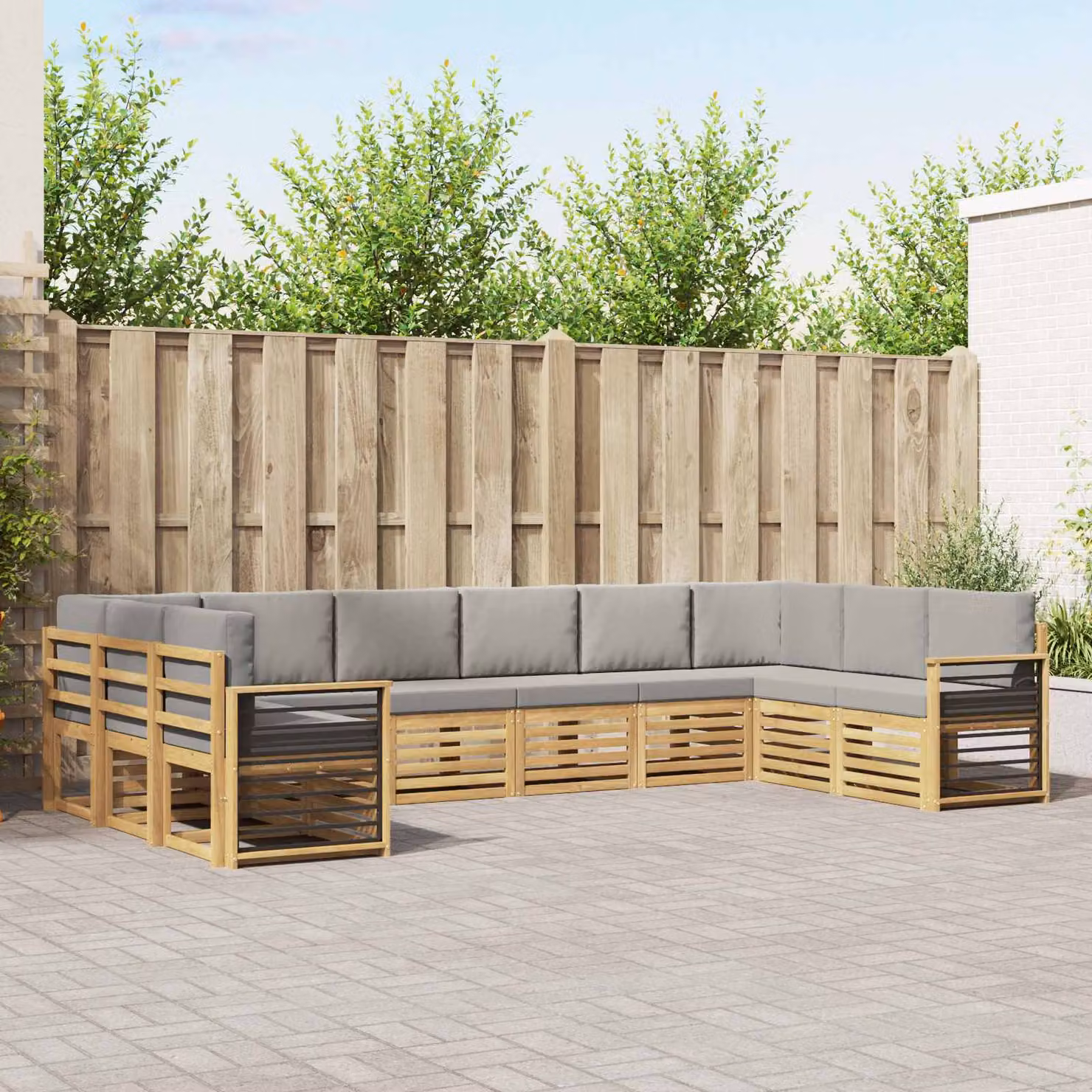 Set di divani da esterno vidaXL 10 pezzi in legno di acacia con cuscini, Bianco, Grigio e Marrone
