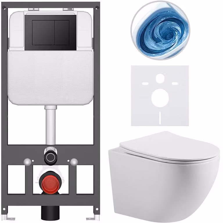 CERANO - Set completo per WC sospeso modello Cesso - bianco lucido - pulsante Prime/Maxio, nero - da installare a parete/dietro parete in cartongesso - dimensioni 49x36 cm
