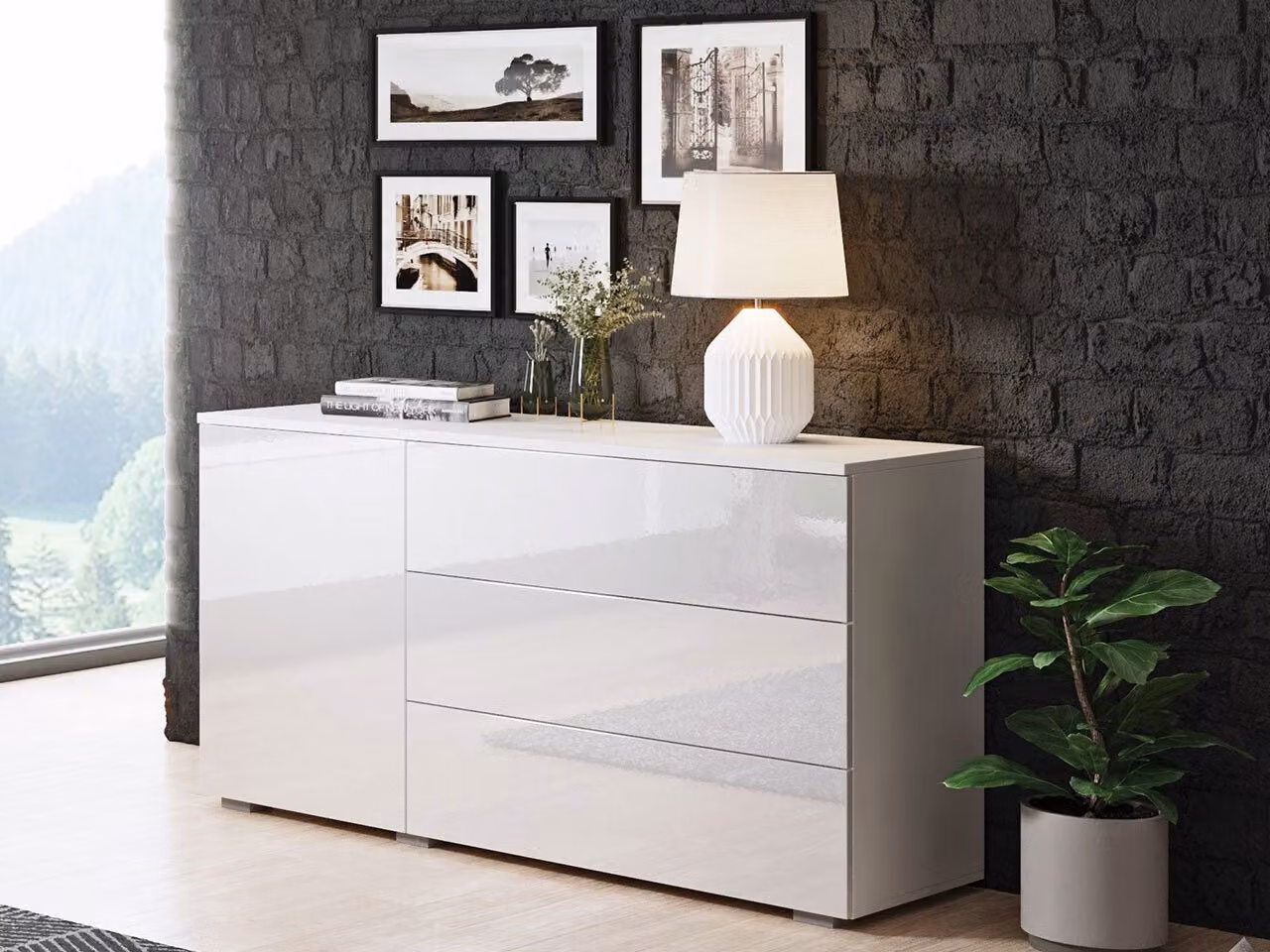 Cassettiera combinata moderna MERISA 110 - bianco lucido / bianco