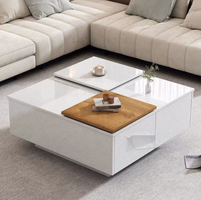 Tavolino da salotto quadrato MODFU bianco lucido con 4 cassetti L/P/H: 75 x 75 x 33,5 cm