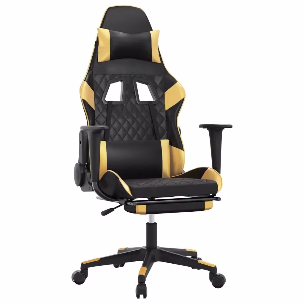 Sedia da Gaming vidaXL in Similpelle con Poggiapiedi, Ruote e Braccioli, Nero e Oro – 2