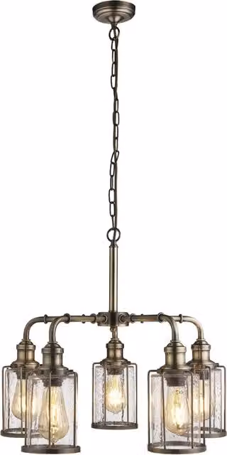 Lampadario Contemporaneo Tubi Acciaio Ottone Vetro Trasparente 5 Luci E27