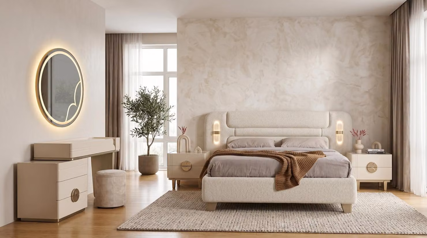 Set per camera da letto: letto, 2 comodini, comò, colore beige, stile moderno