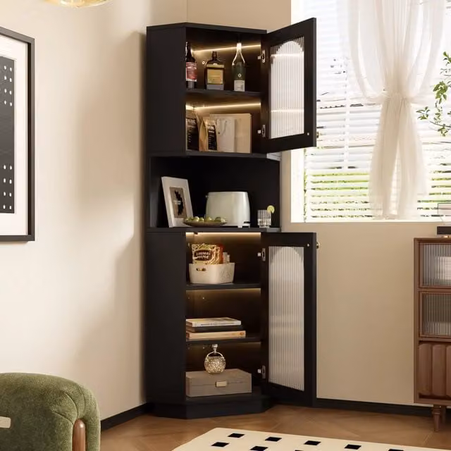 Armadio da bagno angolare REDOM in MDF nero opaco con ante in vetro e illuminazione integrata