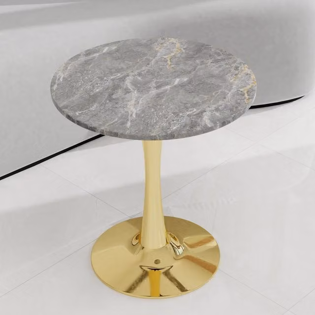 Tavolino basso rotondo OKWISH con piano in marmo artificiale grigio e struttura dorata, stile moderno per soggiorno e sala da pranzo
