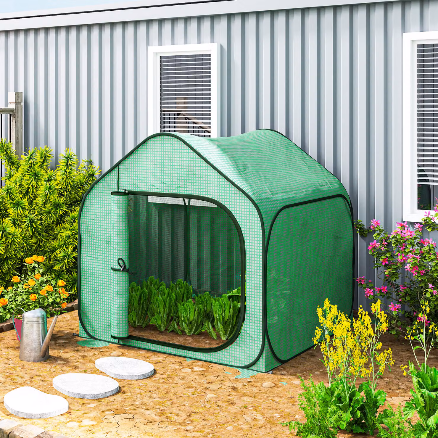 Serra da giardino a casetta pieghevole Outsunny con ingresso a cerniera in acciaio e PE, Verde, L 150 cm x P 148 cm x H 148 cm – 2