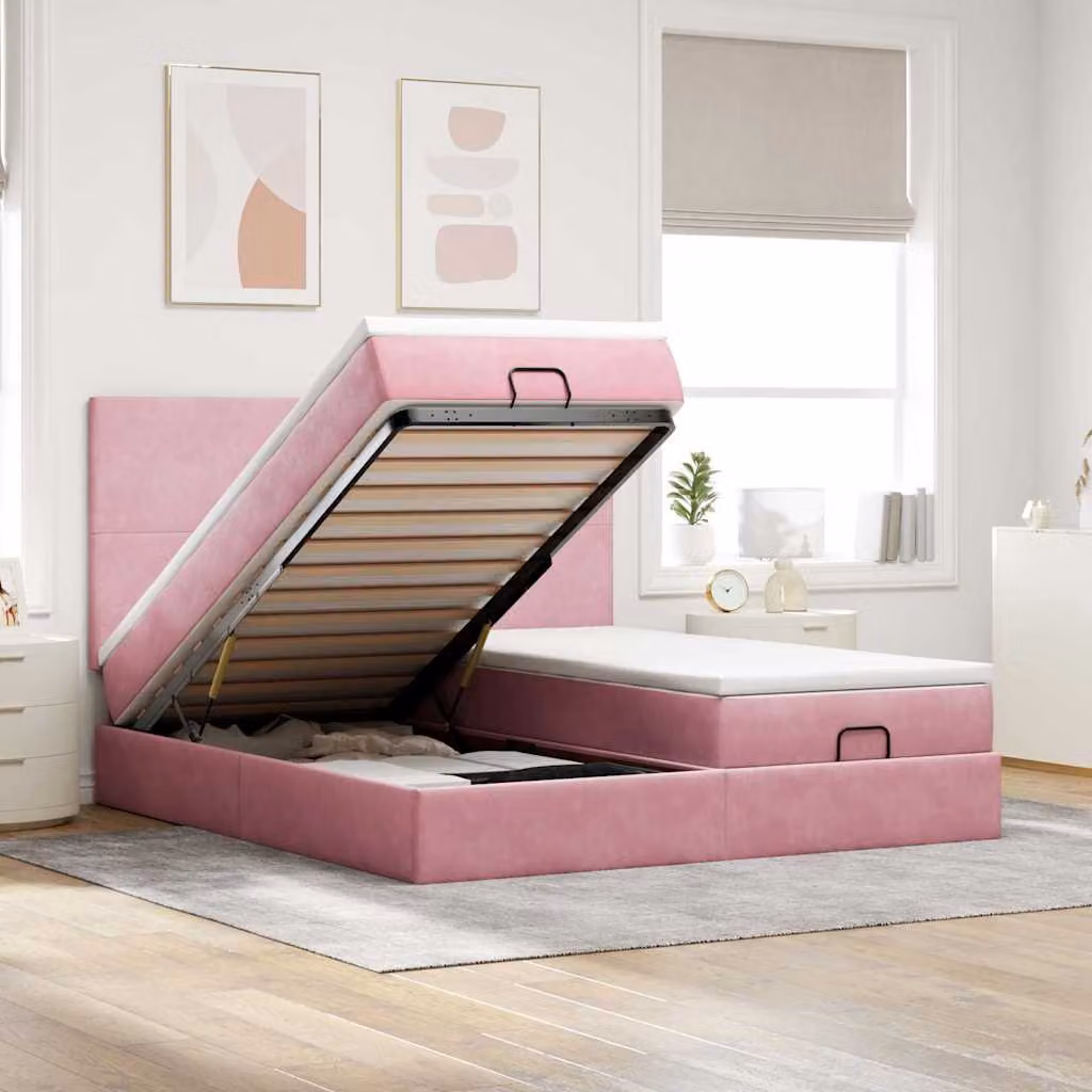 Letto con contenitore a sollevamento vidaXL in velluto rosa e bianco, L/P/H: 200 x 200 x 128 cm