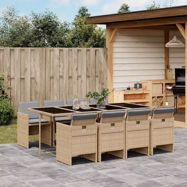 Set Pranzo da Giardino 9 pz con Cuscini Beige Misto Polyrattan 3210564
