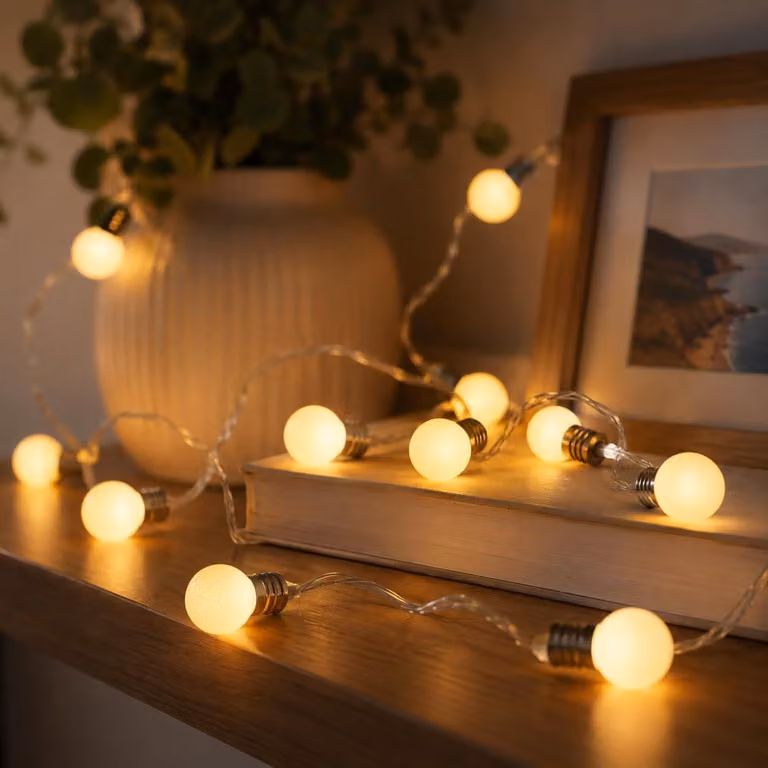 Catena luminosa a LED, con 10 mini luci a forma di sfera, colore bianco caldo, lunghezza 1,5 metri, alimentata a batteria