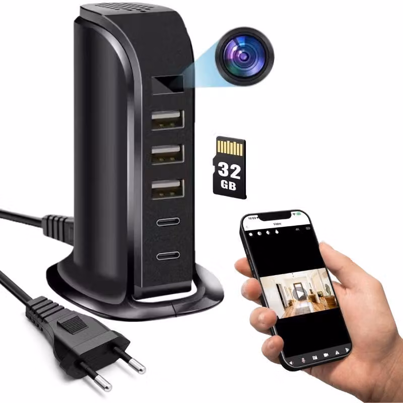 Mini Telecamera Wi-Fi iUni IP91, Full HD, 32GB, Stazione di Ricarica, 2 porte Type-C, 3 porte USB-A, 20W