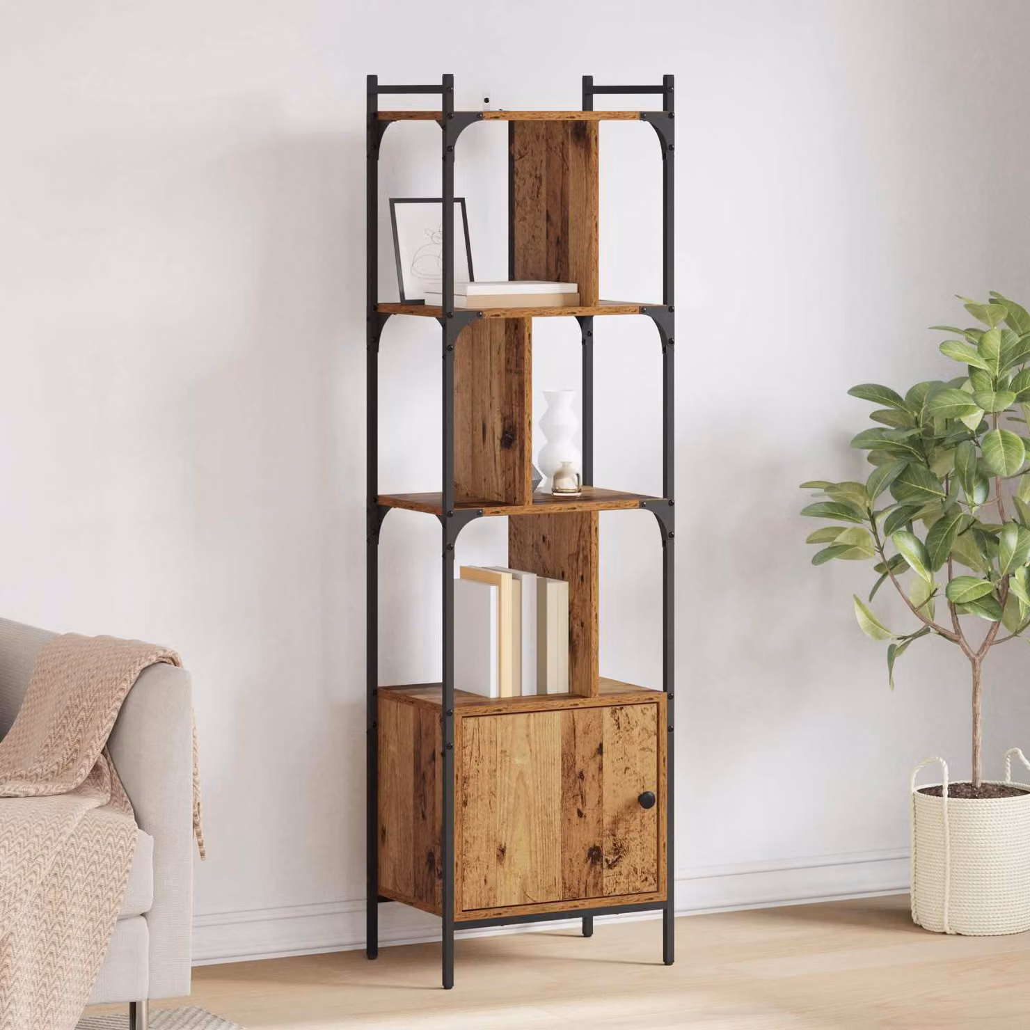 Libreria moderna vidaXL con 6 livelli in legno e metallo, colore marrone, L 44,5 cm x P 30 cm x H 154,5 cm