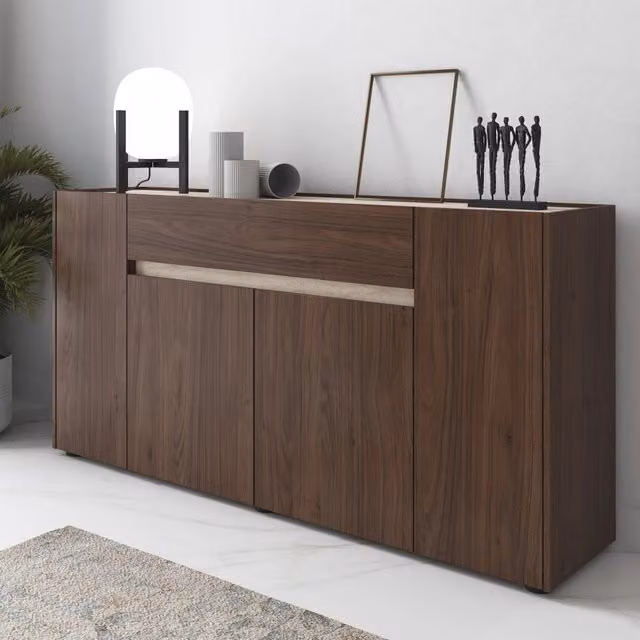 Madia Cirimido DMORA, Credenza moderna con un cassetto, Marrone e Beige, L: 170 cm, P: 40 cm, H: 85 cm