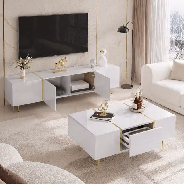 Set mobile TV e tavolino da caffè moderno 170 cm e 100 cm; in MDF bianco lucido