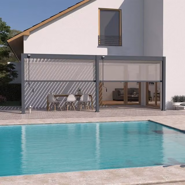Pergola bioclimatica adossata Ombrea VS L: 6 m, P: 3 m, colore Antracite con 2 tende