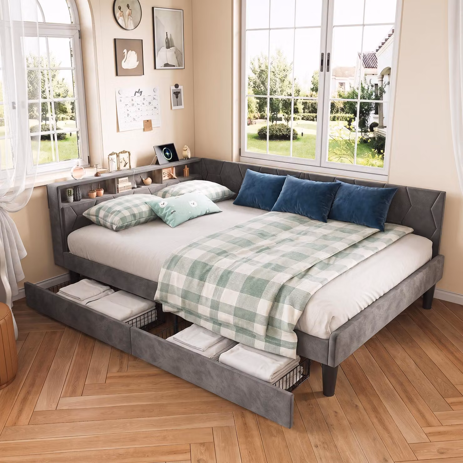 Letto imbottito INONEFT 140x200 cm con LED e USB, divano letto multifunzione con rete a doghe/vano contenitore, letto matrimoniale con contenitore e 2 cassetti, rivestito in velluto, colore grigio