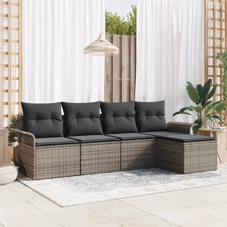 Set da esterno vidaXL composto da 5 pezzi in polyrattan grigio con cuscini e pouf coordinato