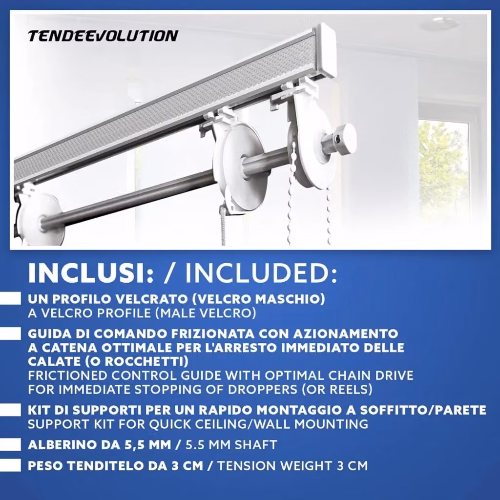 Bastone binario per tenda a pacchetto TENDEEVOLUTION in alluminio bianco con 10 calate a sgancio rapido, attacco a soffitto, comando a sinistra, Lunghezza: 300 cm – 2