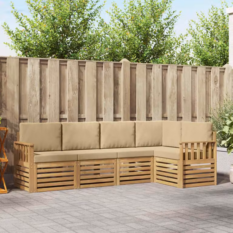 Set di divani da esterno vidaXL a forma di L composto da 5 pezzi in legno di acacia con cuscini in poliestere bianco e beige