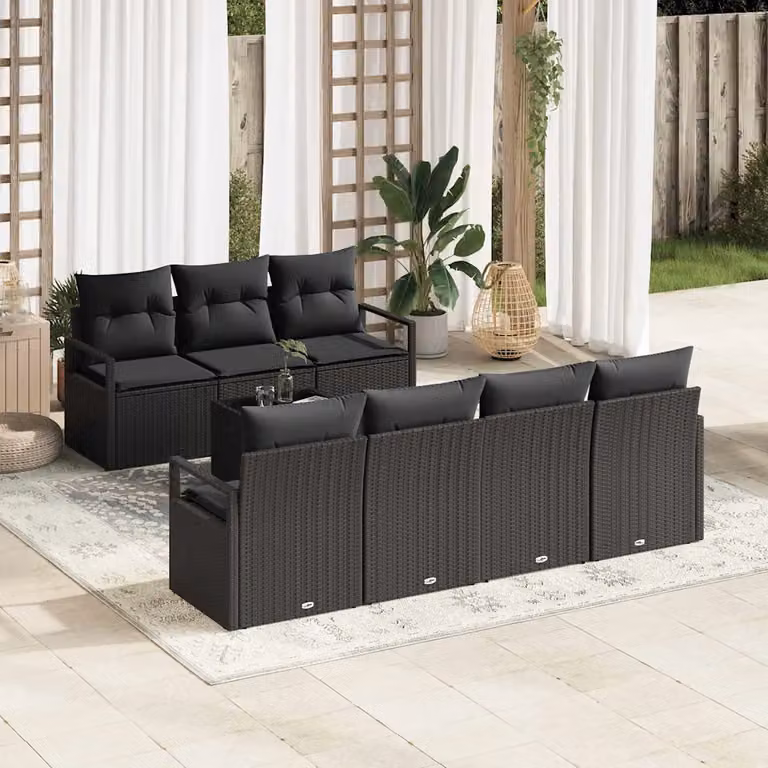 Set Divano da Giardino vidaXL 8 Posti Nero con Poltrona, Divani e Tavolino in Polyrattan e Acciaio